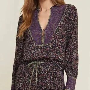 Veronica Beard Betta Blouse Ditsy Floral Purple Long Sleeve Mixed Media Size 2